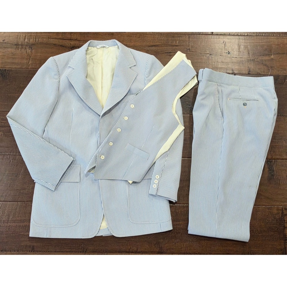 RARE VTG 70s 3 Piece Seersucker Suit Sensabelt  Retro Disco  Blue White Suit